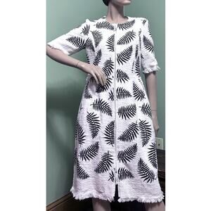 Oscar de la Renta White/Black Fern/Leaf Cotton Tweed Knee Length DRESS sz 6